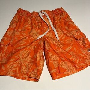 OP Men's Board Shorts Orange Leaf Pattern Size Medium(32-34)
